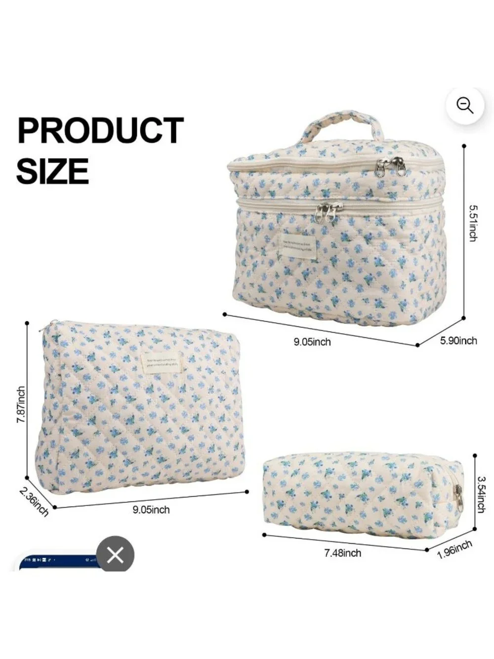 3 Pc Quilted Zip Floral Makeup Bag Set Blue Rose Cosmetic Toiletry Travel Gift